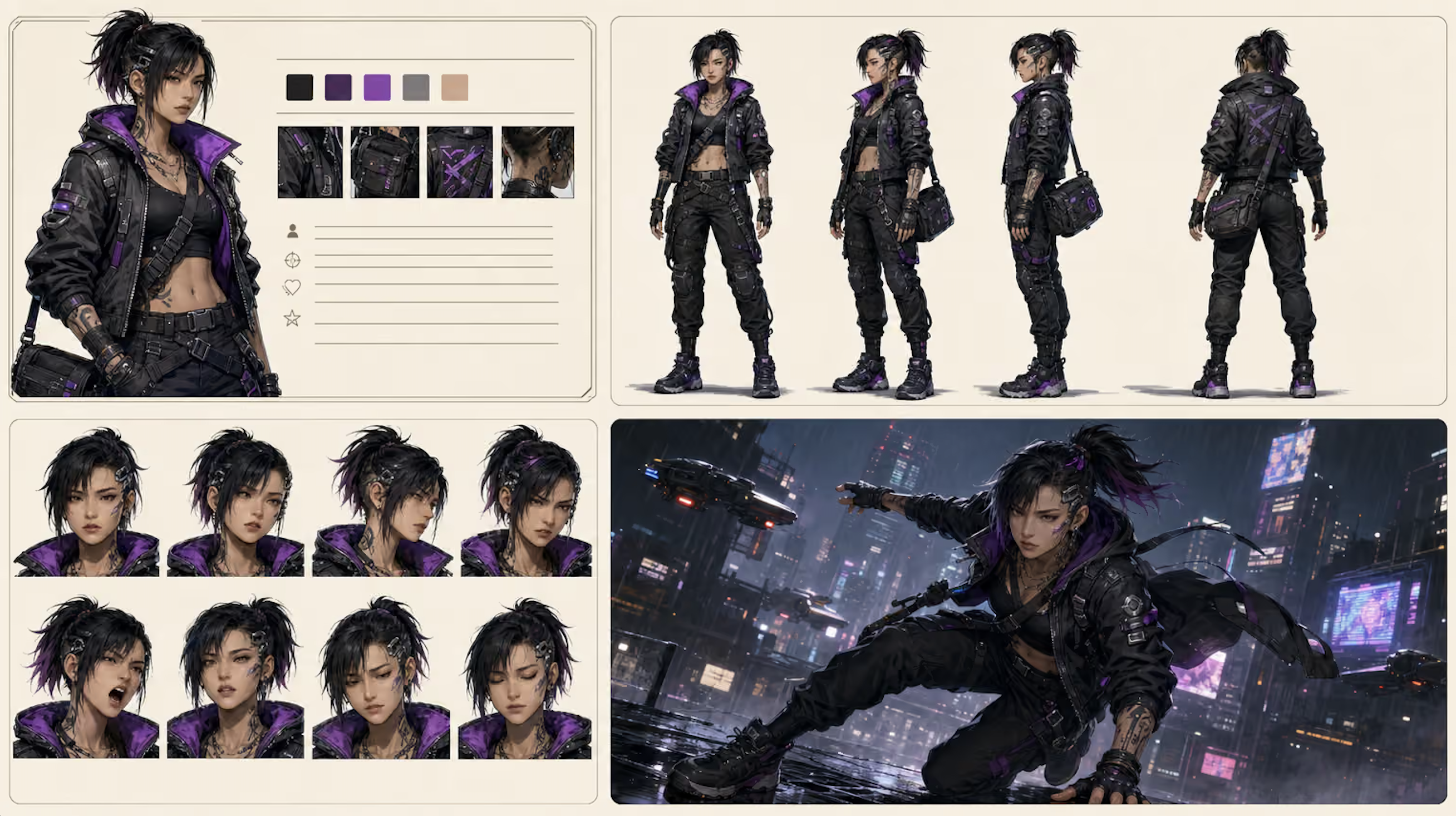 Lembar konsep generator tampilan karakter cyberpunk dengan tampak depan, samping, dan belakang, palet warna, ekspresi wajah, serta pose aksi bercahaya neon