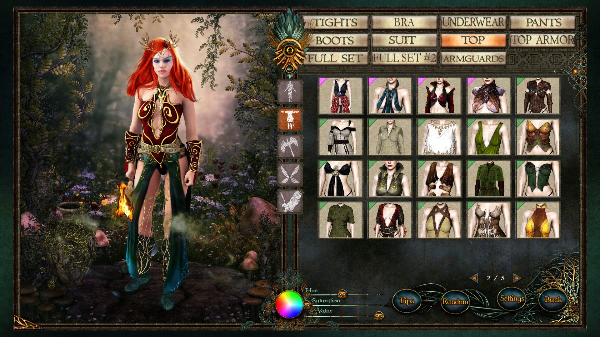 Antarmuka generator tampilan karakter fantasi yang menampilkan avatar elf di samping slot zirah dan pakaian, kisi inventaris pakaian, serta kontrol rona warna