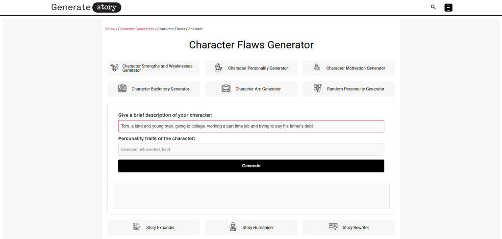 Formulir generator kelemahan karakter berbasis web dengan kolom untuk deskripsi karakter dan sifat kepribadian