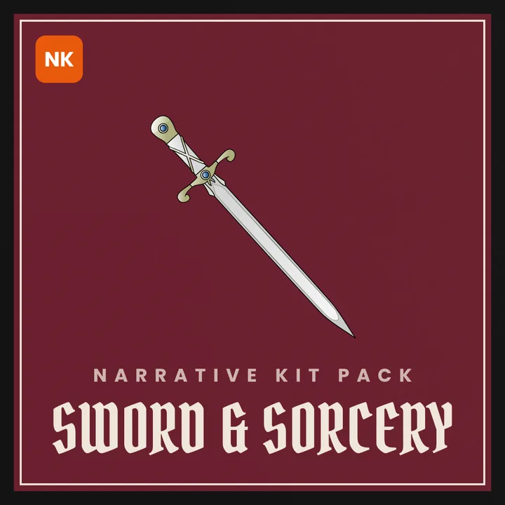 Pedang perak dengan batu permata biru pada sampul kit naratif Sword and Sorcery berwarna merah marun