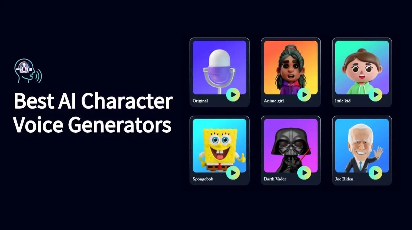 Antarmuka generator suara karakter AI dengan preset suara karakter orisinal, anime, anak-anak, dan bergaya