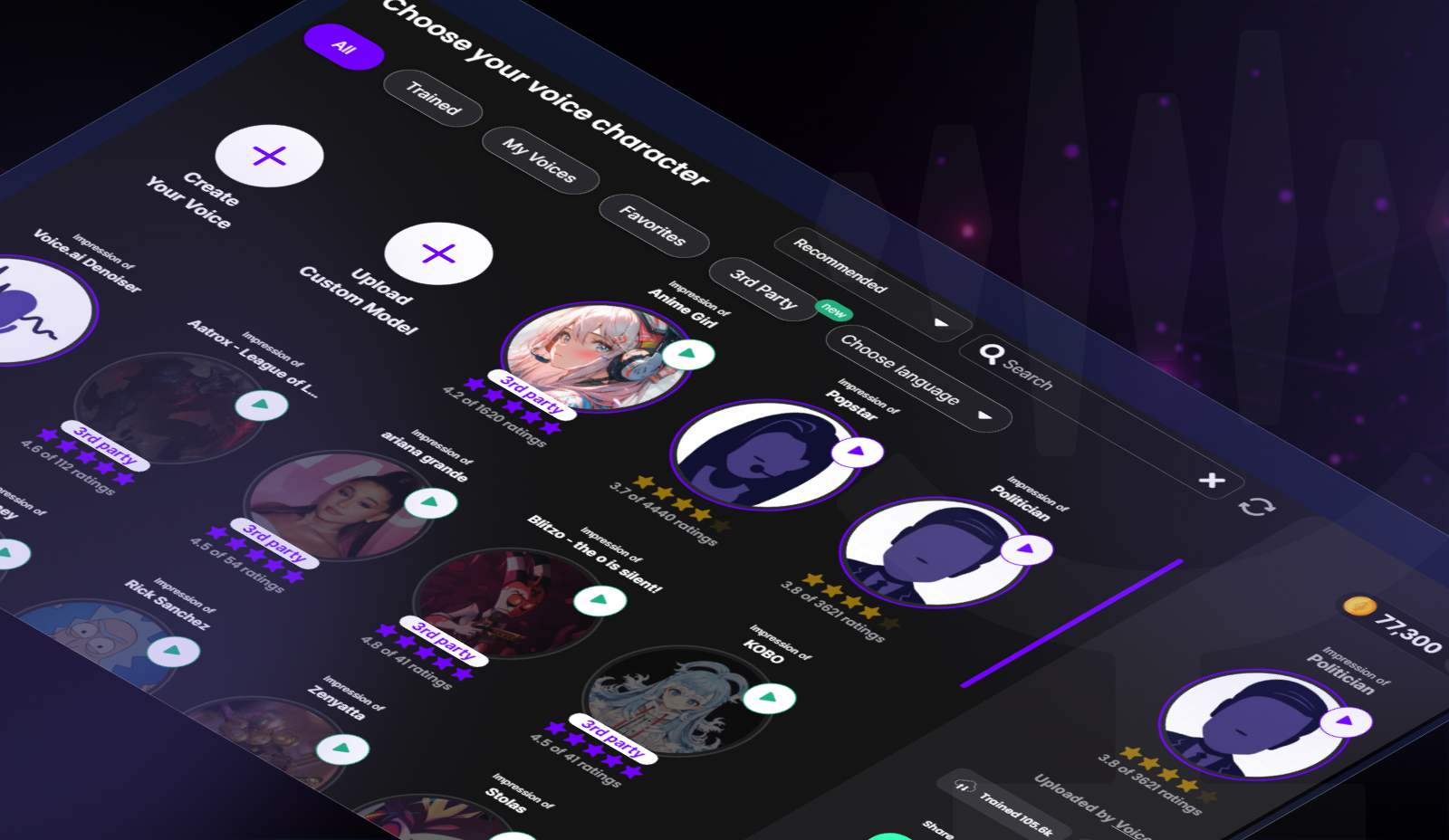 Dasbor generator suara karakter untuk memilih karakter suara AI, model kustom, dan suara yang diunggah