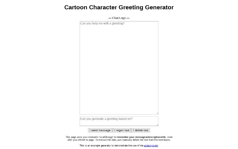 Log chat generator sapaan karakter bergaya kartun dengan prompt yang meminta pembuatan sapaan
