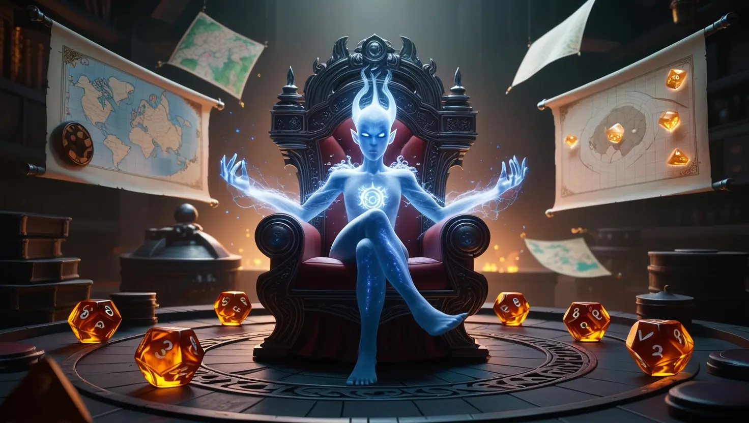 Ethereal AI game master on a throne surrounded by glowing d20 dice and fantasy campaign maps