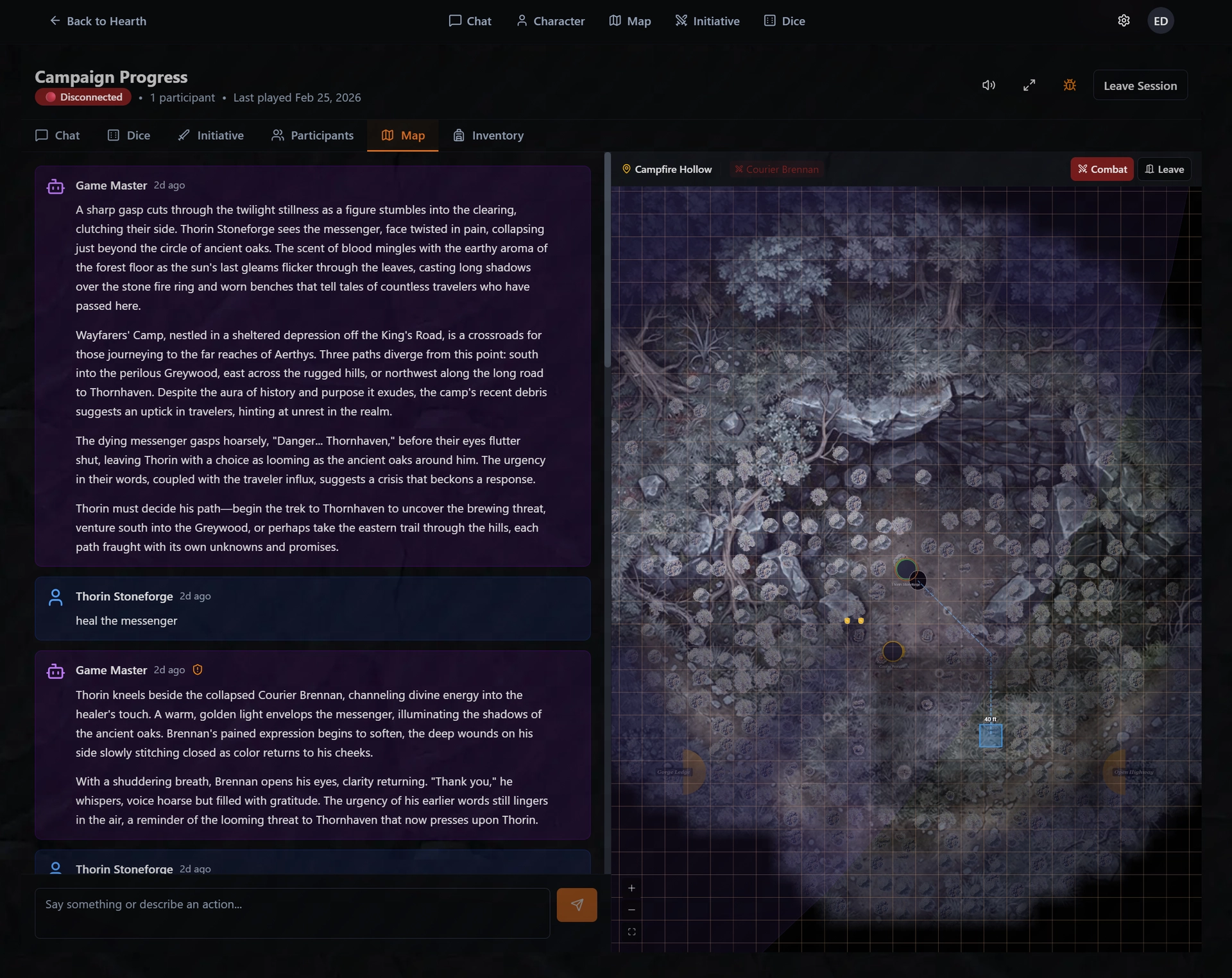 AI game master session with narrative chat on the left and an overhead tactical forest battle map on the right
