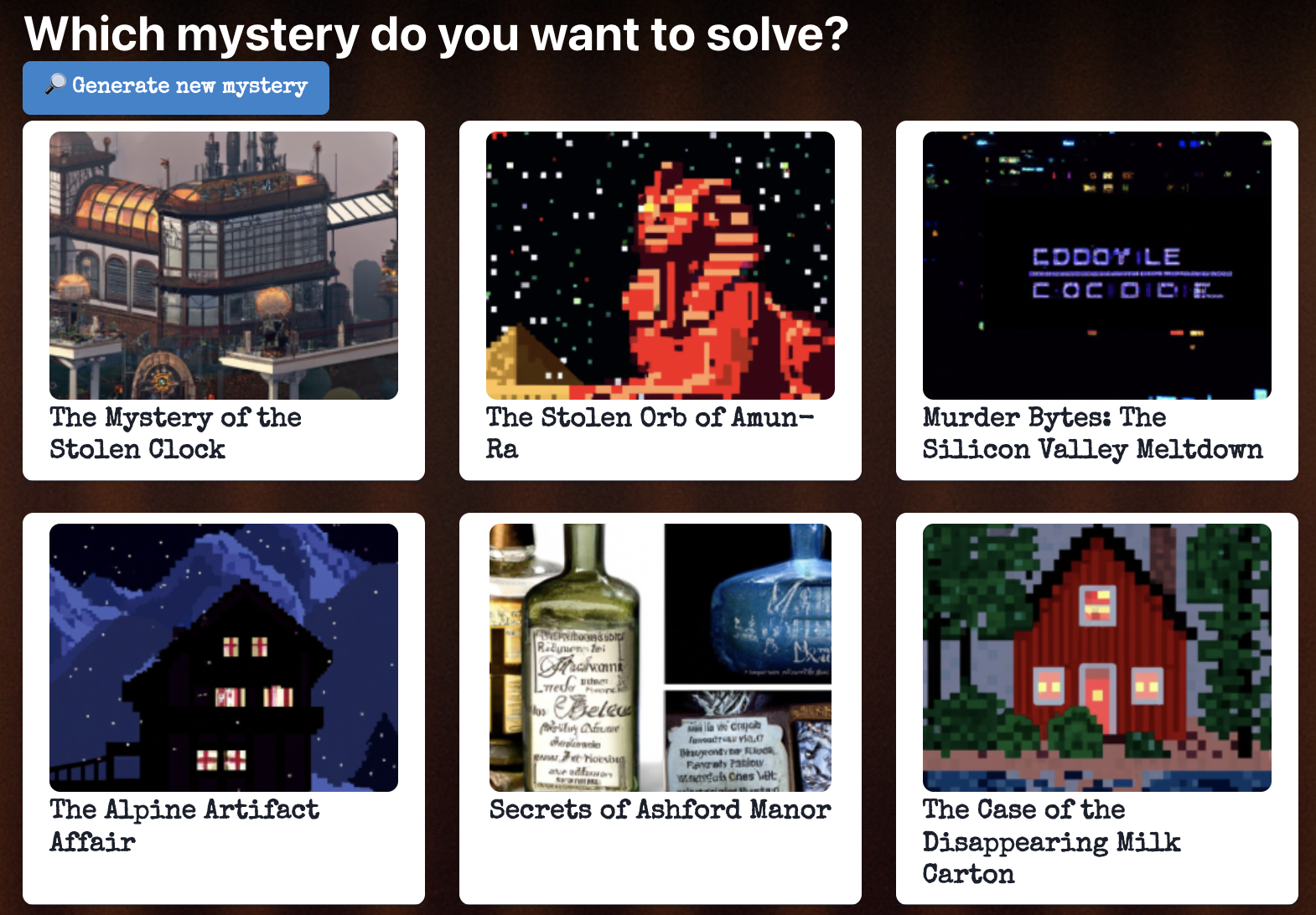 Interactive AI mystery game interface showing six generated detective cases, including stolen artifacts, manor secrets, and a generate-new-mystery option