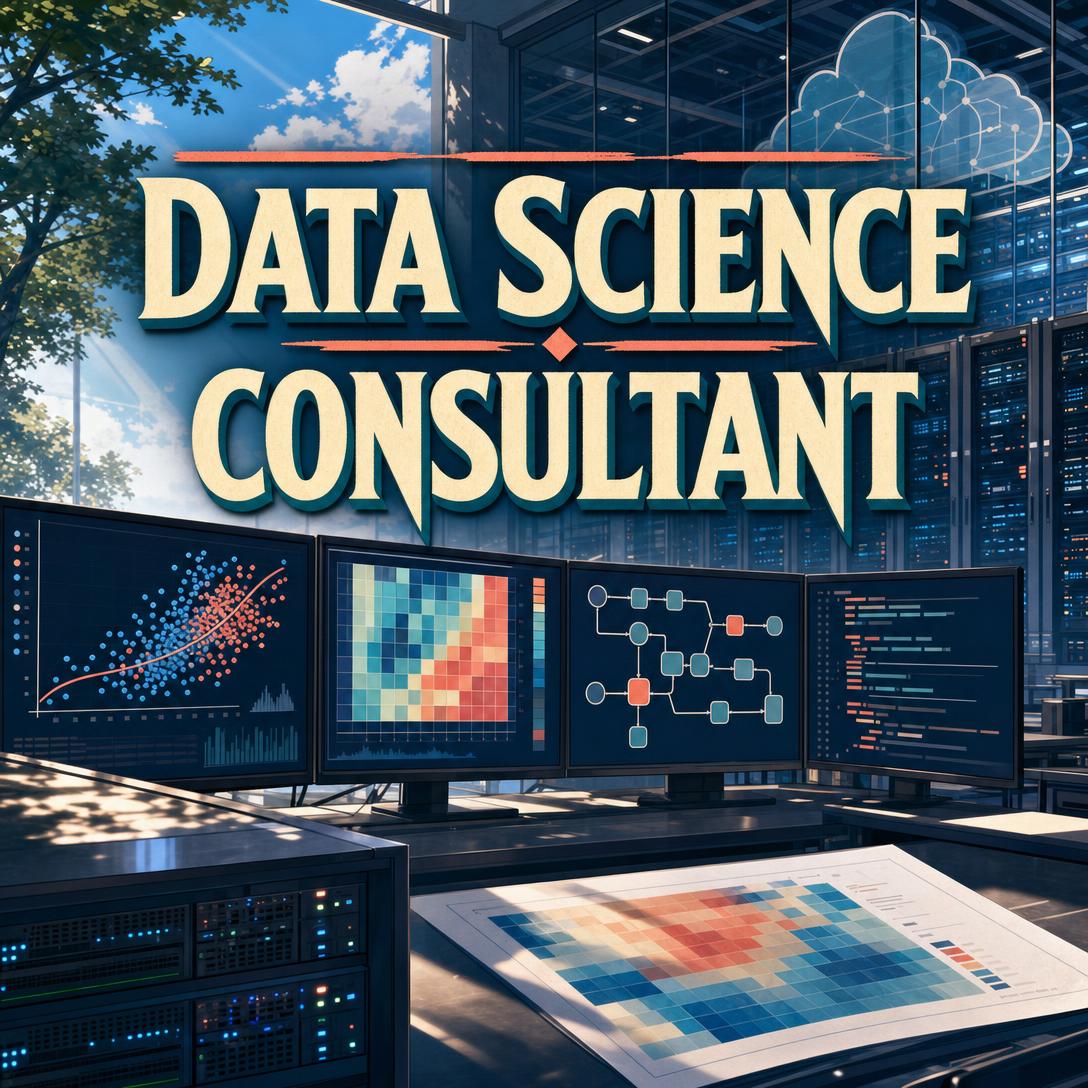 Ruang kerja konsultan data science dengan empat monitor yang menampilkan scatter plot, heatmap, pohon keputusan, dan kode di samping rak server