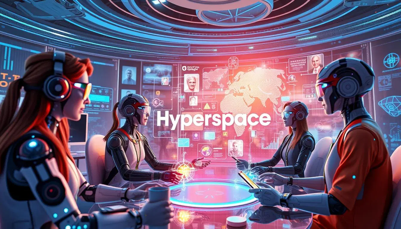 Futuristic virtual mentorship session with AI avatar characters collaborating around a holographic table