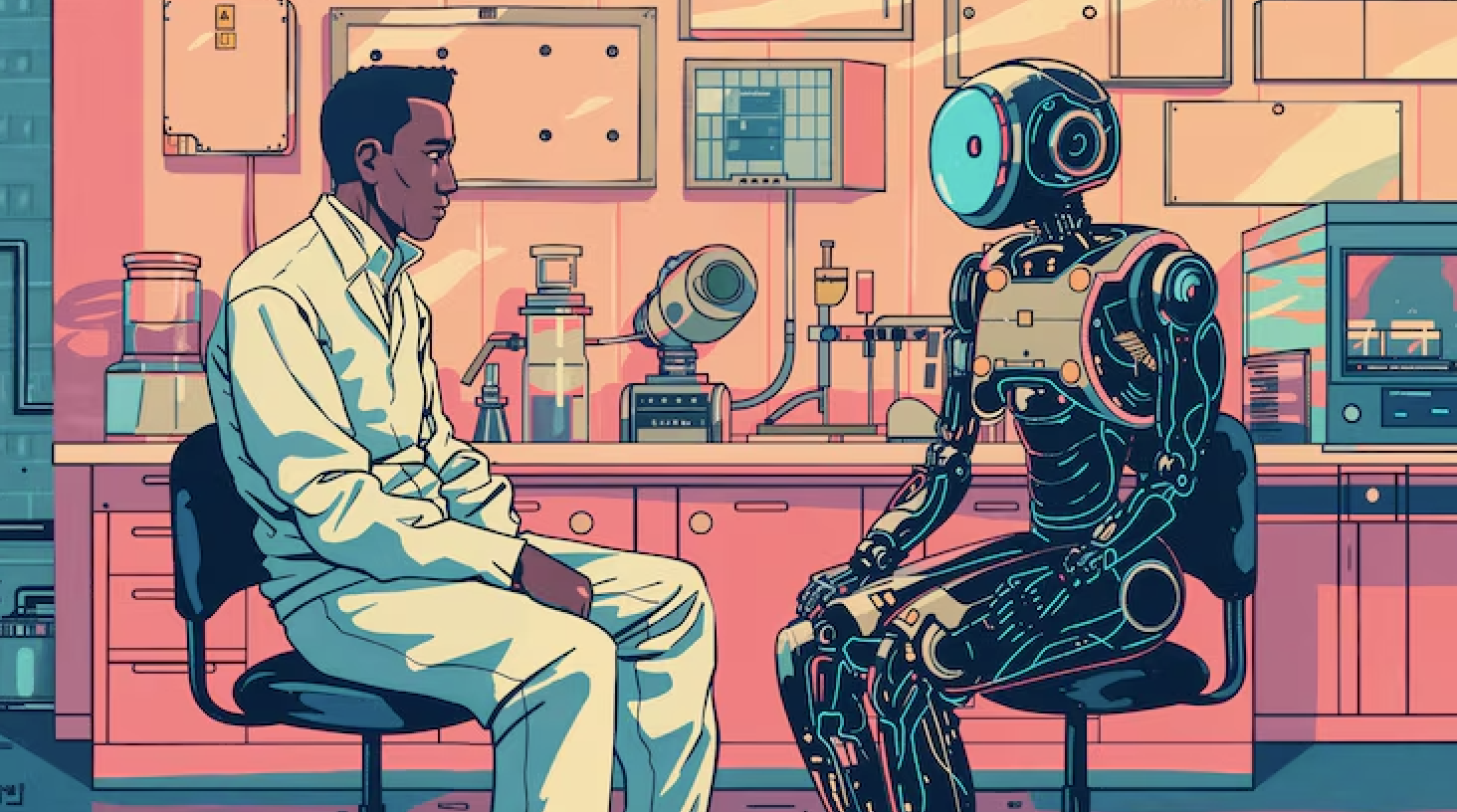 Human professional in dialogue with a humanoid AI mentor character in a laboratory setting