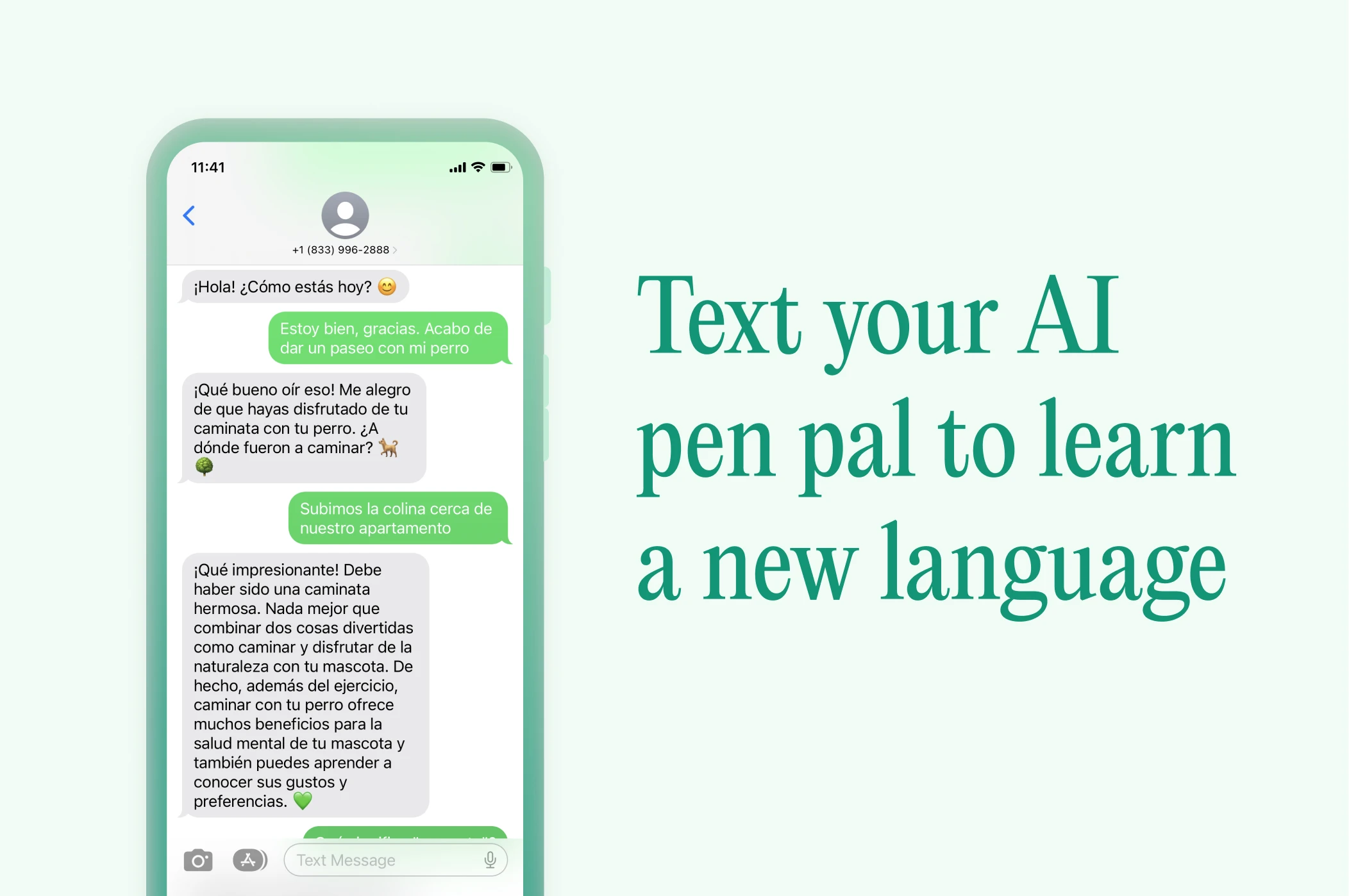 Conversación de texto en un teléfono inteligente con un corresponsal de IA que practica español sobre pasear a un perro cerca de un apartamento