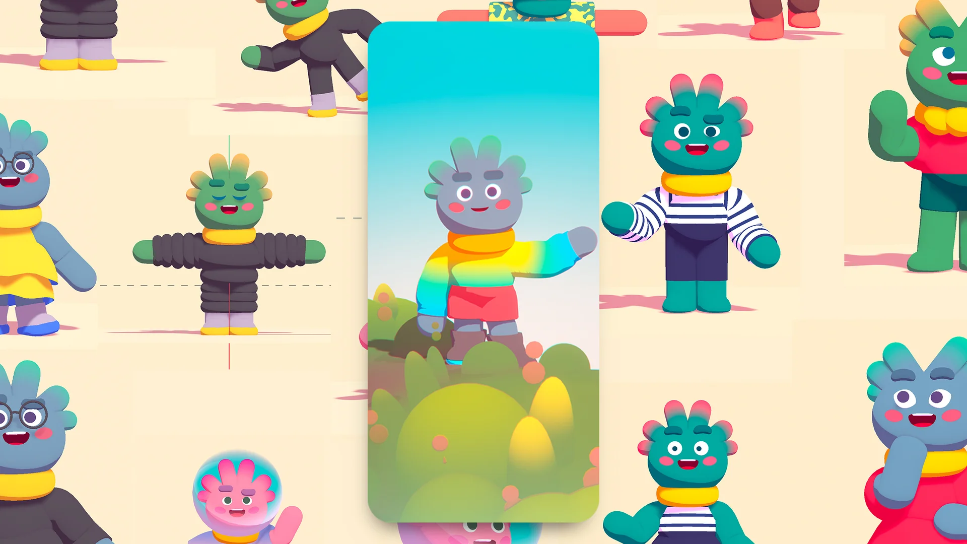 Personaje acompañante amistoso ilustrado en un teléfono inteligente, diseñado como un corresponsal de IA divertido para practicar idiomas