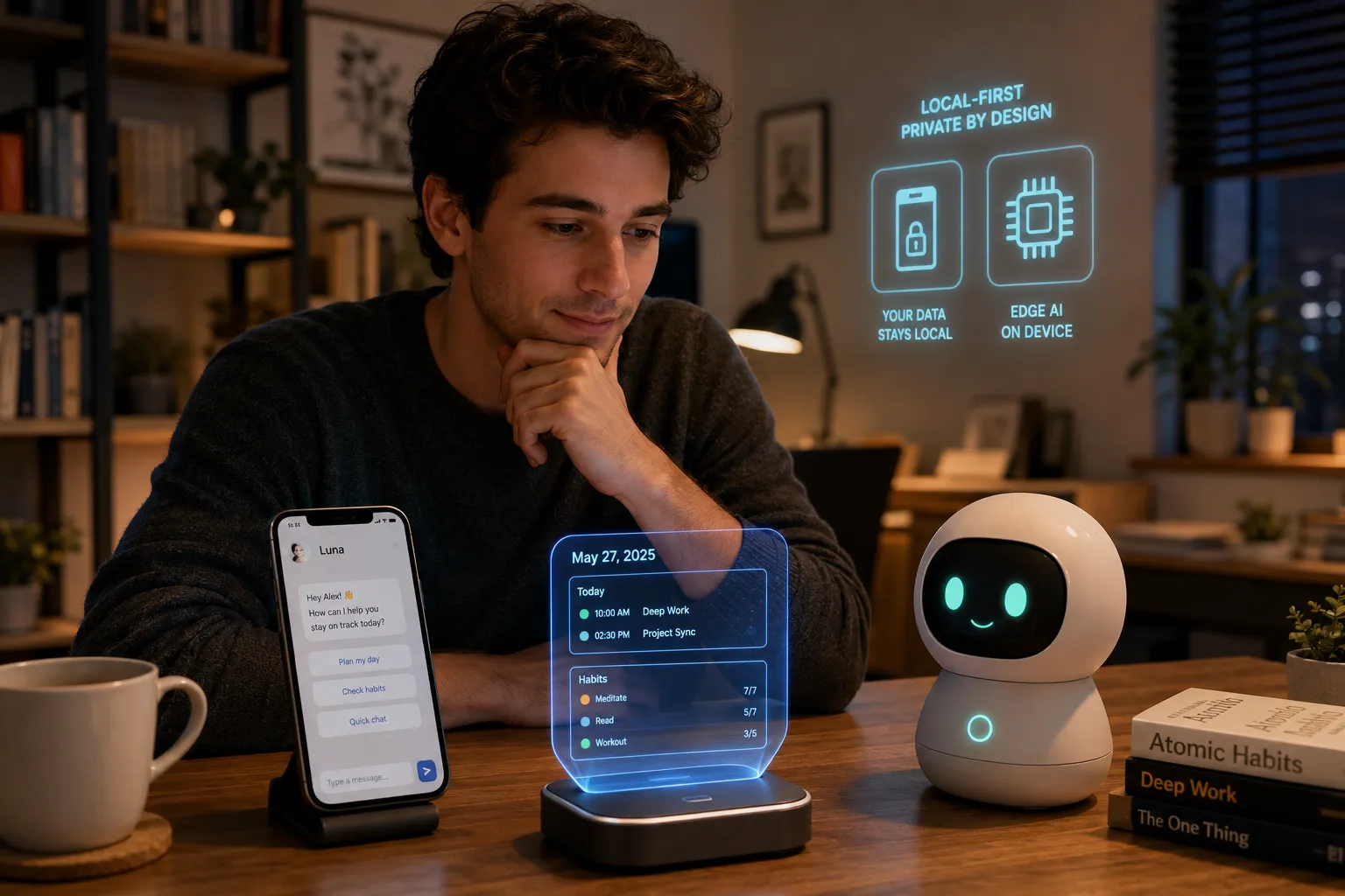 Person at a desk using a private local-first AI companion with a holographic daily schedule and a small companion robot, illustrating an AI companion that remembers everything