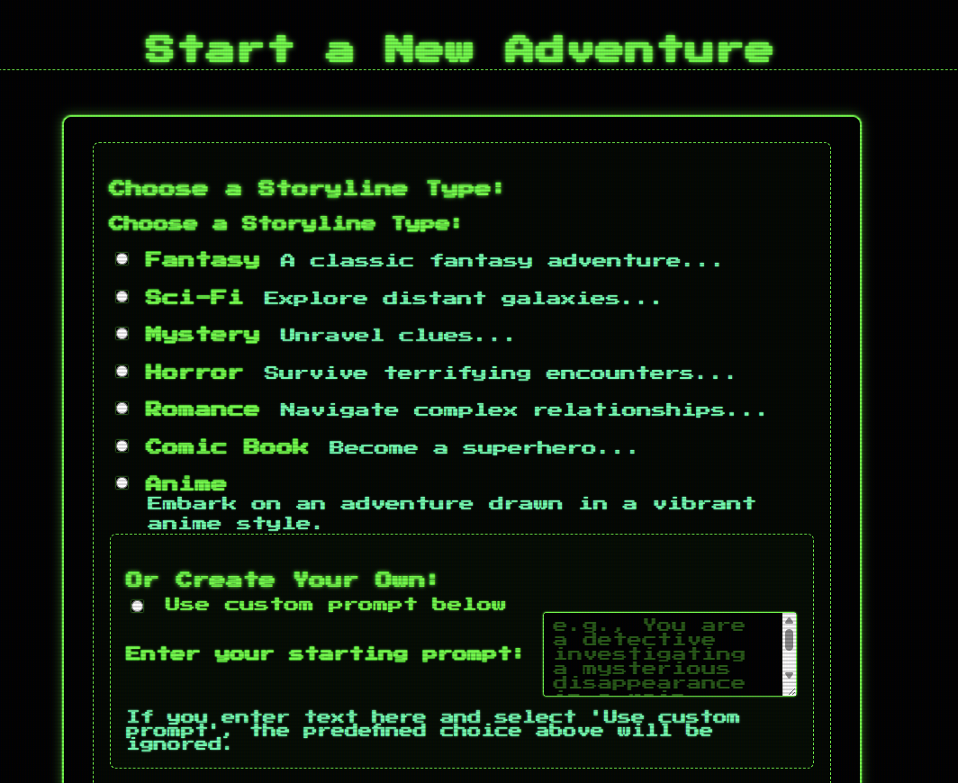 Multi-chapter text adventure AI start screen with fantasy, sci-fi, mystery, horror, romance, and custom campaign options
