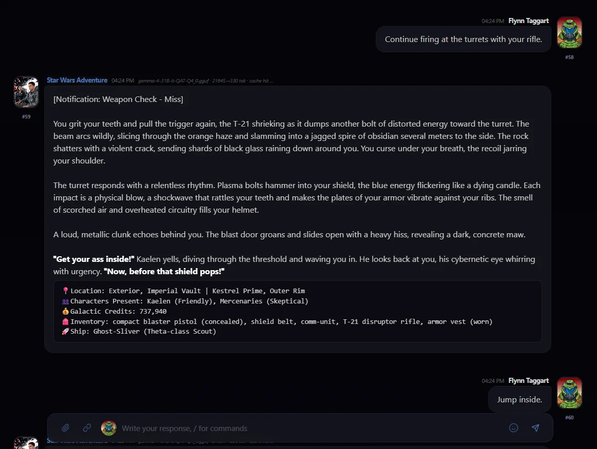 Persistent world text RPG AI session log showing location, companion dialogue, credits, inventory, and ship during a combat retreat
