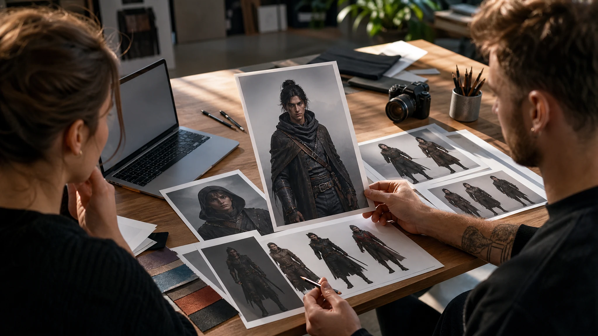 Two concept artists reviewing printed character design sheets of a hooded dark-fantasy protagonist on a wooden studio desk
