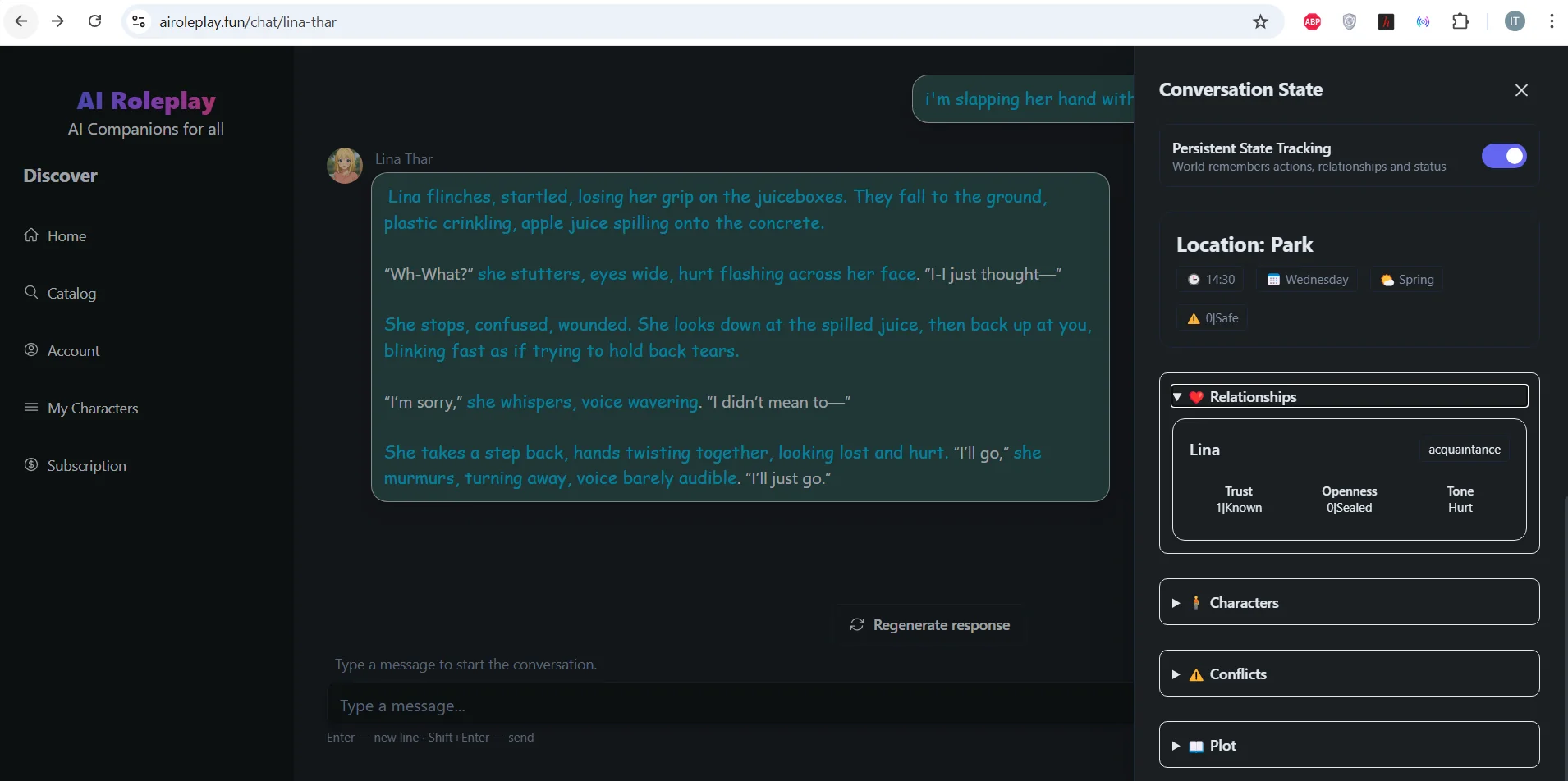 Roleplay chat log of a startled character dropping juice in a park beside a conversation-state panel listing location, time, and relationship scores