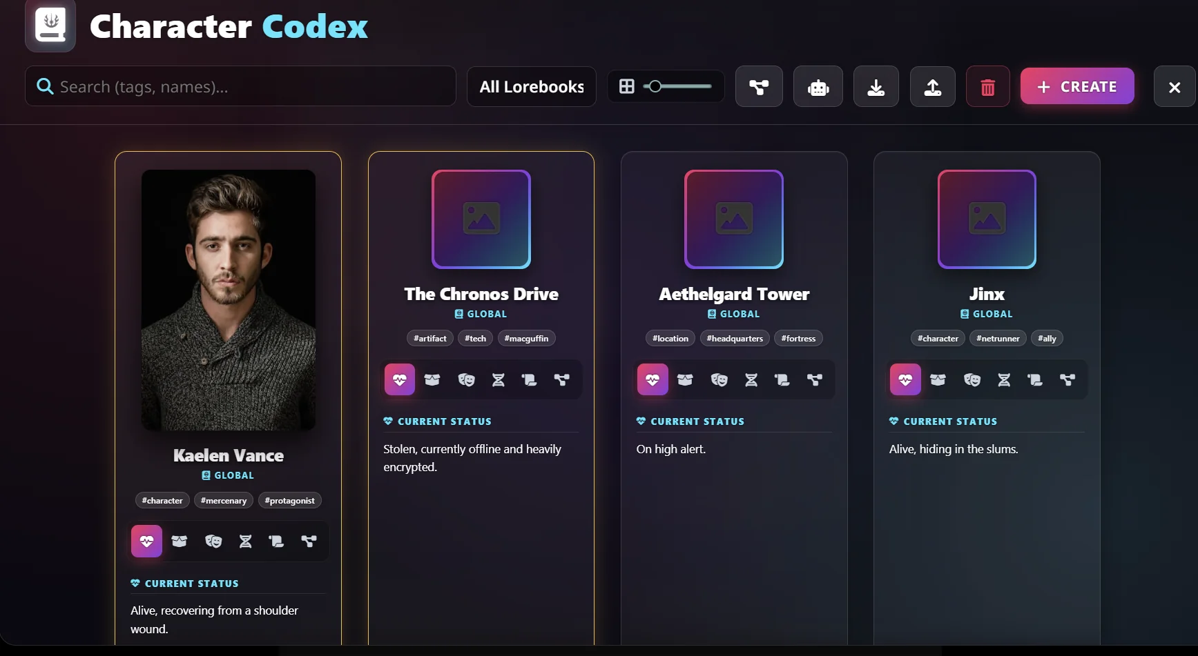 AI persona memory lorebook generator dashboard showing tagged character, artifact, location, and ally cards with current status