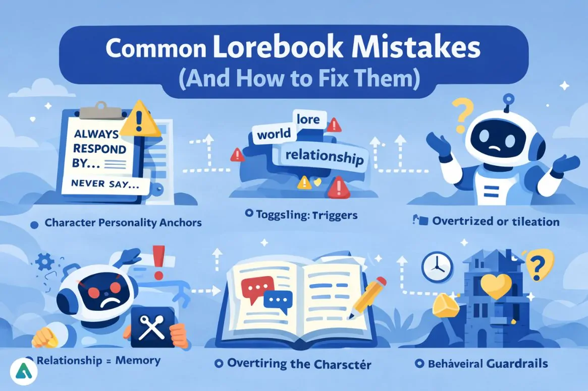 Infographic of common AI roleplay lorebook mistakes including personality anchors, keyword triggers, overtriggering, relationship memory, and behavioral guardrails