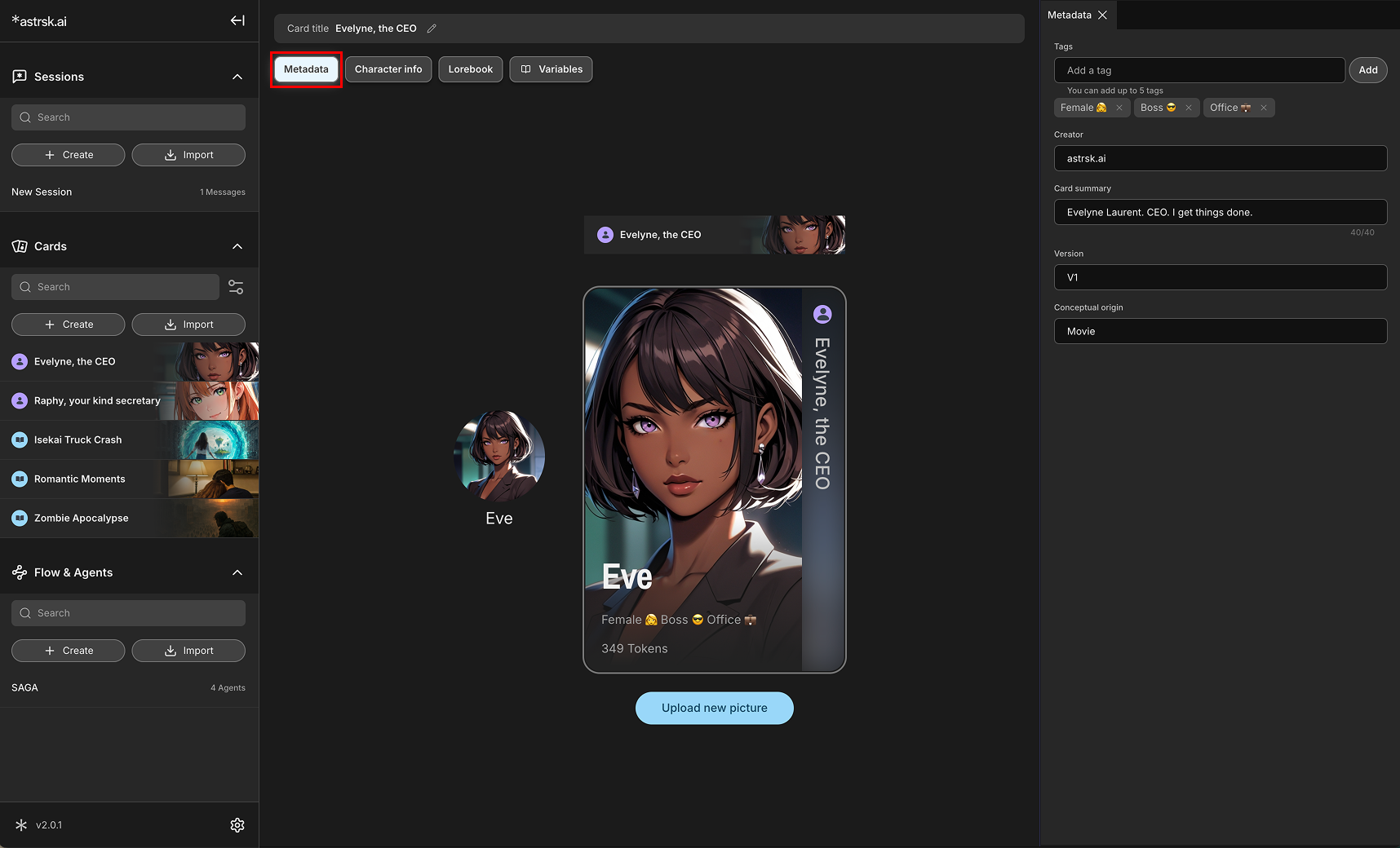 Character card metadata panel for an AI RP persona showing portrait, tags, creator fields, and a short identity summary used to lock always-on character lore