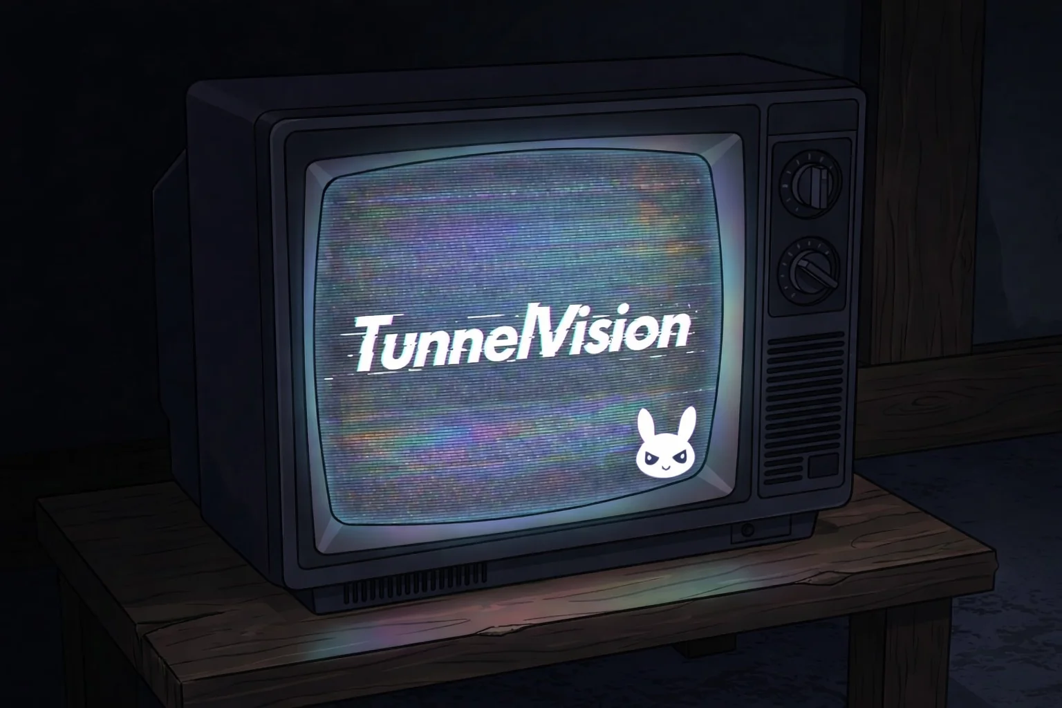 Vintage CRT television on a wooden table displaying a TunnelVision broadcast with static, illustrating an AI-driven living world for dynamic lorebook memory injection