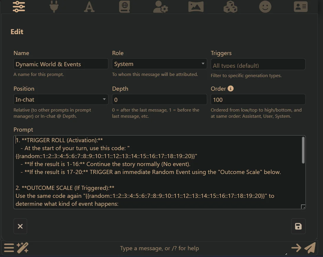 Dynamic World and Events prompt editor showing a d20-style trigger roll that continues the story on 1–16 and injects a random event on 17–20