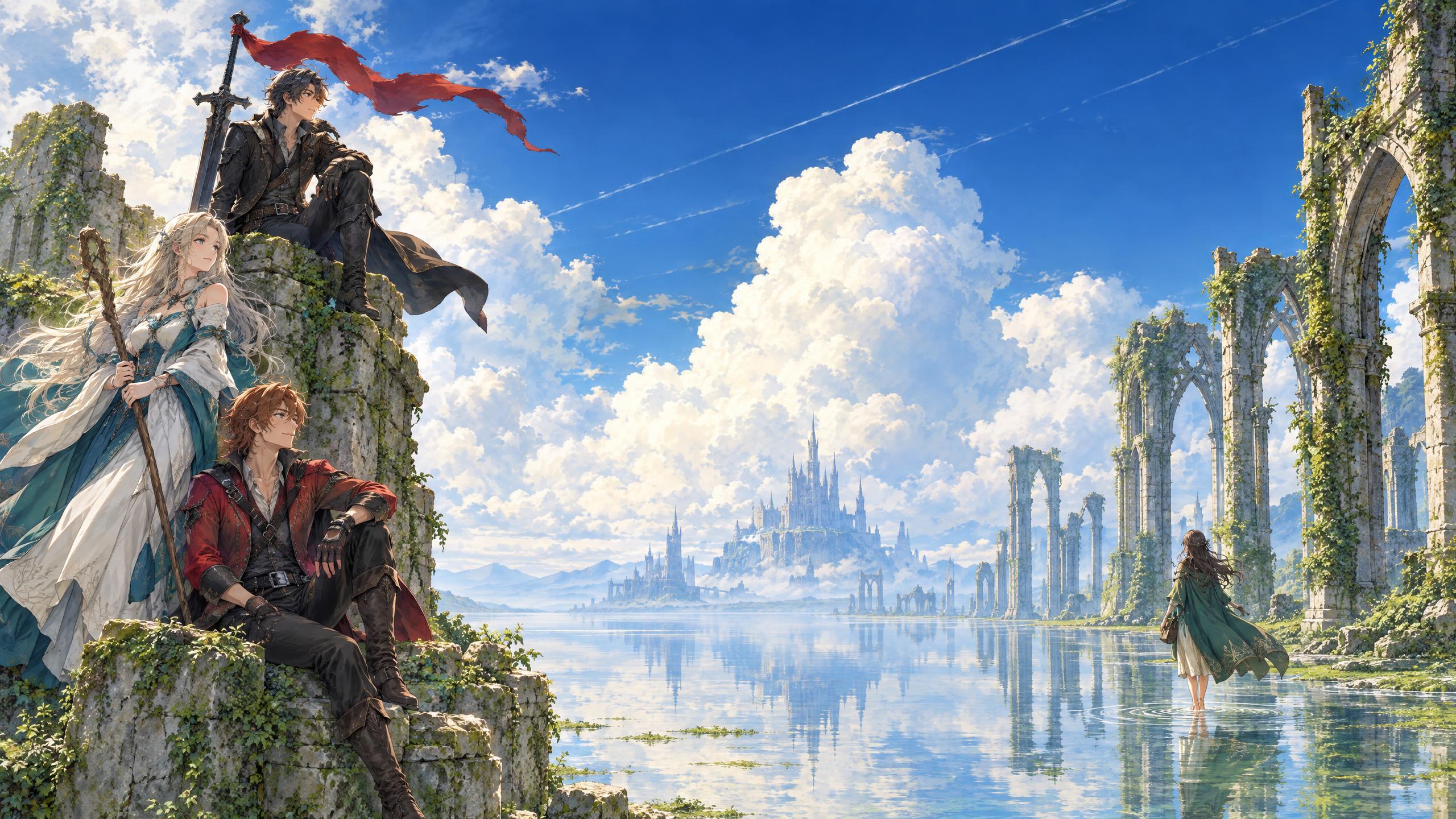 Anime-style fantasy adventuring party resting on vine-covered stone ruins above a flooded plain, with a distant castle on the horizon and a cloaked traveler wading through the reflective water
