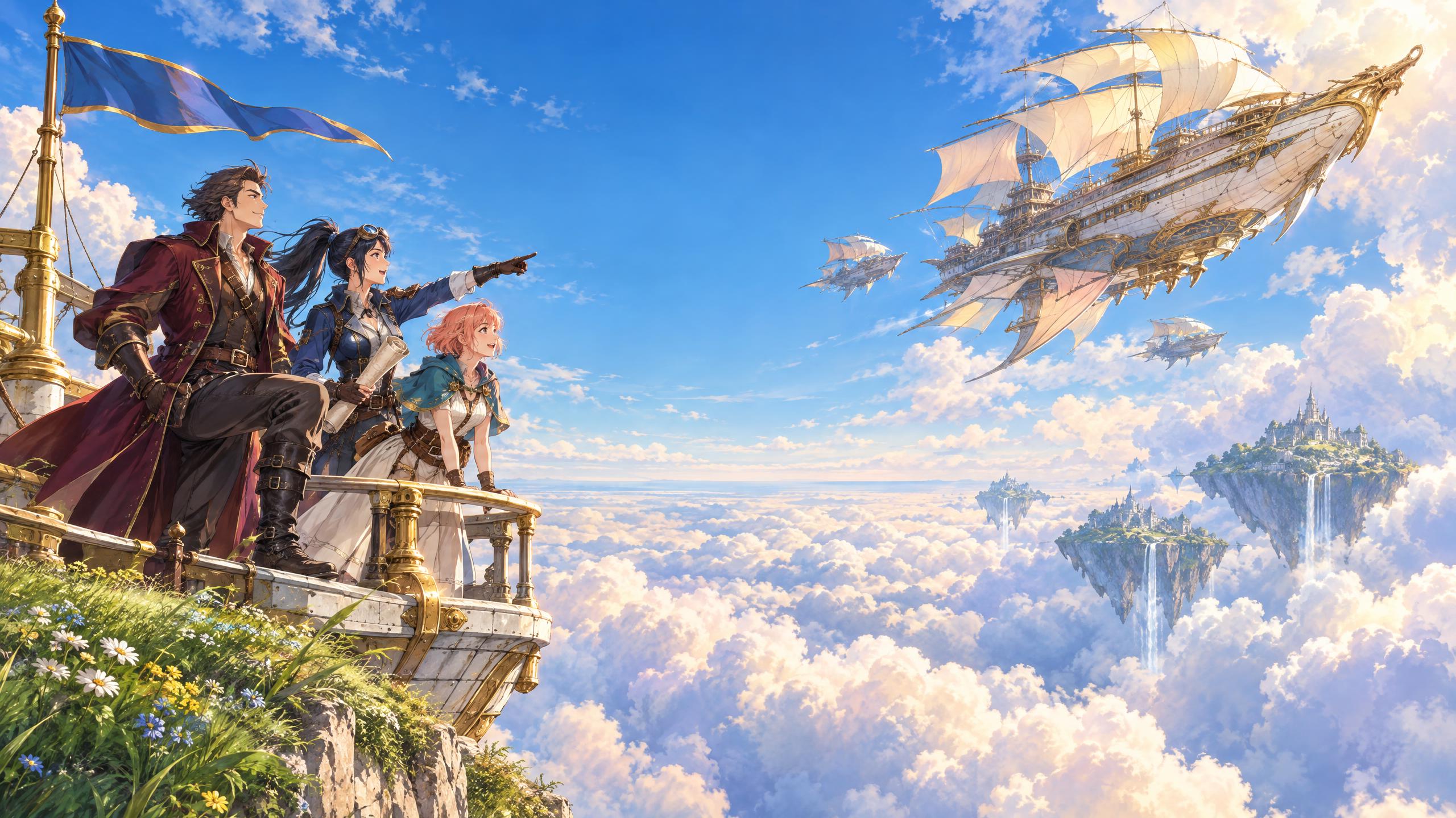 Three anime-style sky pirates on an ornate airship deck, one pointing toward a sail-rigged flying galleon and floating islands with waterfalls above a sea of clouds