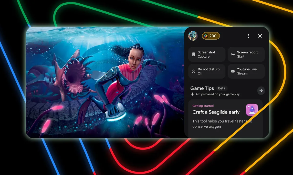 Mobile game overlay showing AI-generated gameplay tips and screen recording controls beside an underwater sci-fi diving scene