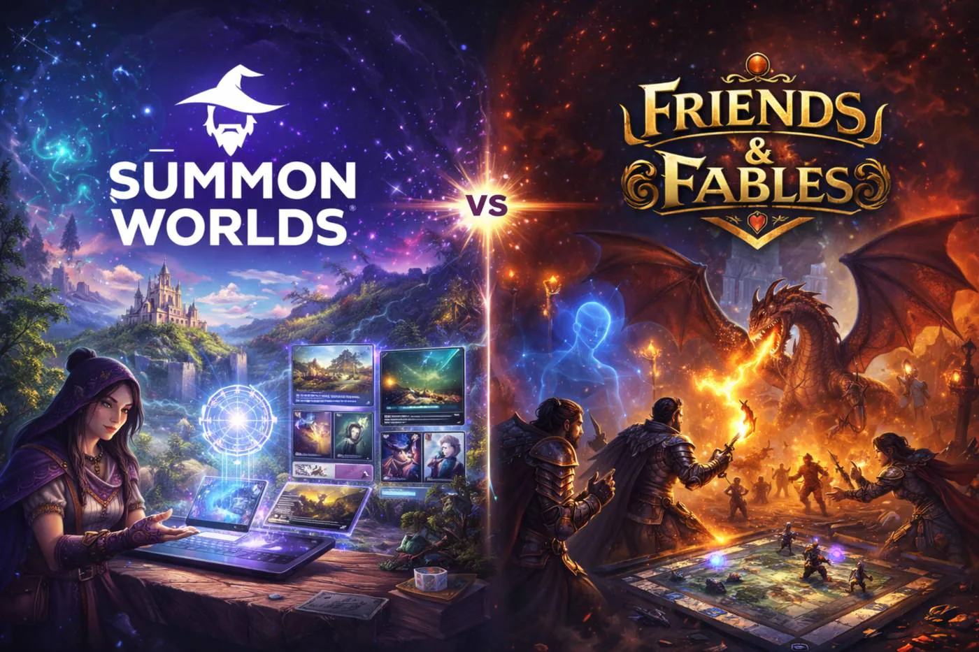 Side-by-side comparison graphic of two AI fantasy storytelling platforms, contrasting a digital worldbuilding interface with a tabletop RPG dragon battle